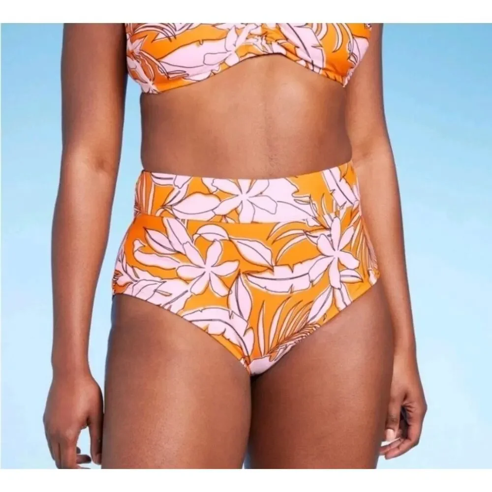 Kona Sol Tropical Bikini Bottom Size L High Waist Orange Pink Swim Bottom NWOT